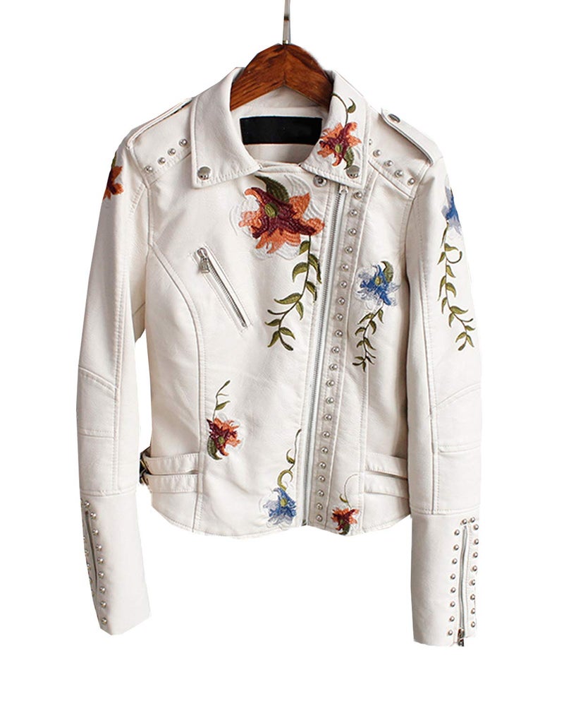 LY VAREY LIN Women's Floral Embroidered Faux Leather Moto PU Jacket Coat (M, Beige) - Image 4